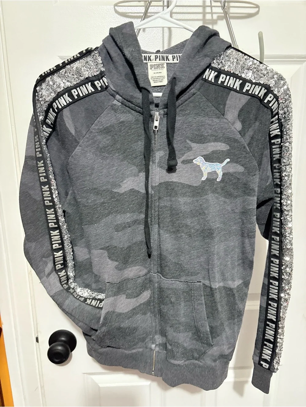 Rare Victoria’s Secret PINK Gray Camo Zip Hoodie & Joggers with Sequin Stripe